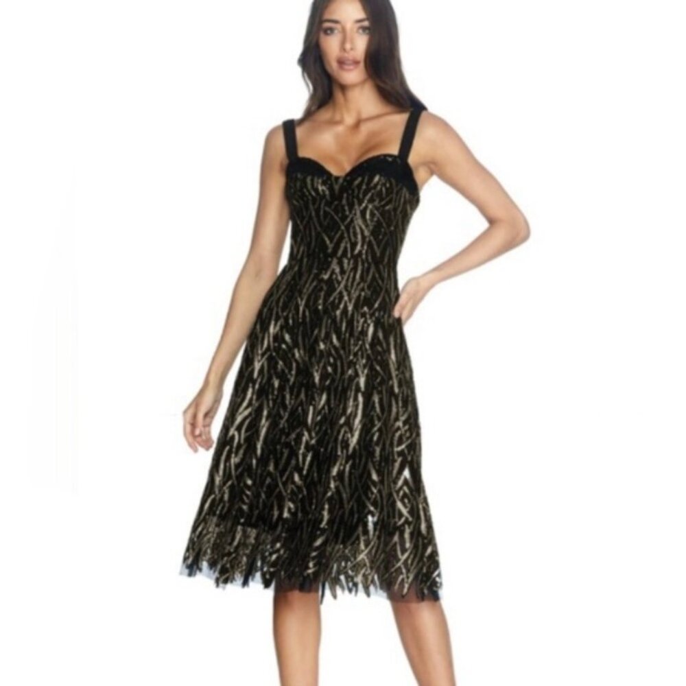 NWT Dress the Population Corina Black-Gold Sequin Dress Size L